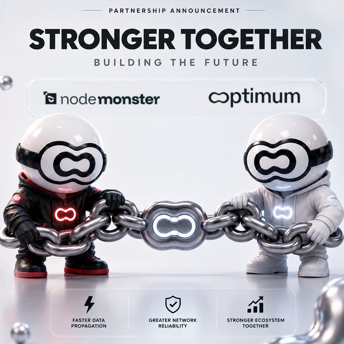 A promotional graphic announcing a partnership between 'nodemonster' and 'optimum' featuring two cartoon astronaut characters holding chains, with the tagline 'STRONGER TOGETHER BUILDING THE FUTURE'.