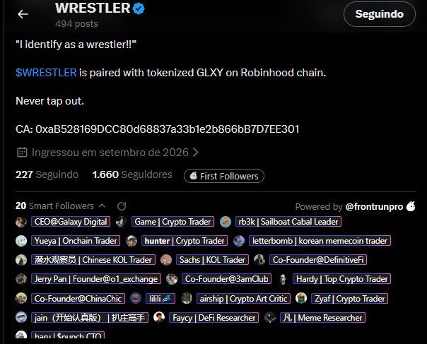 A Twitter profile screenshot for 'WRESTLER' with the bio 'I identify as a wrestler!! $WRESTLER is paired with tokenized GLXY on Robinhood chain. Never tap out.', showing a contract address and various smart followers listed.