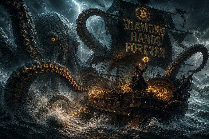 A dramatic digital illustration depicting a giant kraken attacking a pirate ship in stormy seas, with sails reading "DIAMOND HANDS FOREVER" and a Bitcoin logo, while a figure holds up a Bitcoin coin amid piles of gold.