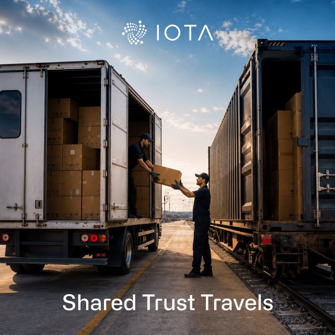 The image shows two workers transferring a cardboard box between a truck and a freight train at a logistics hub, with the IOTA logo at the top and the tagline "Shared Trust Travels" at the bottom. The scene visually reinforces the post's message by depicting a moment of intermodal handover—the exact point where trust in the shipment's documentation must pass between parties—symbolizing how IOTA's shared infrastructure keeps a single, verified record traveling seamlessly alongside the goods themselves.