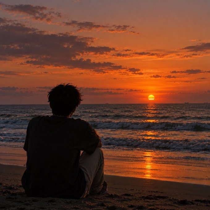A silhouetted person sits on a beach at sunset, watching the orange sun sink below the horizon over the ocean.