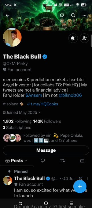 A screenshot of a Twitter profile for 'The Black Bull' (@oXMrPinky), verified as a 'Fan account' with 1,602 Following and 142K Followers, showing a pinned tweet that begins 'I am so, so excited for what we [are] to launch'.
