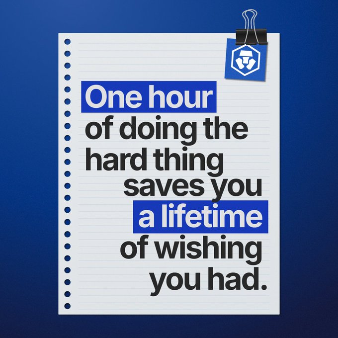 The image features a notepad with the motivational quote "One hour of doing the hard thing saves you a lifetime of wishing you had." Alongside the post's advice to simply "Start. That's the whole strategy," the image reinforces the message that taking immediate action on difficult tasks, even briefly, prevents future regret.