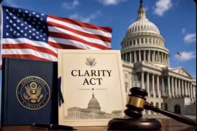 An American flag waves beside a document labeled 'CLARITY ACT' with a United States Senate seal, set against the Capitol dome and a judge's gavel.