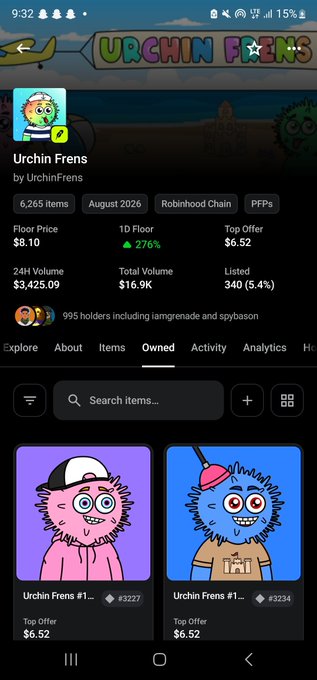 A mobile app screenshot displays an NFT collection called 'Urchin Frens' with 6,265 items, showing a floor price of $8.10, a top offer of $6.52, and a 24H volume of $3,425.09.