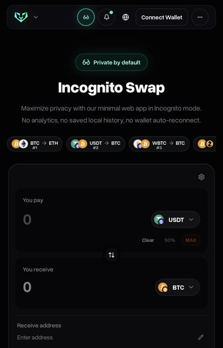 The Incognito Swap interface showing a privacy-focused crypto exchange with options to swap BTC, ETH, USDT, and WBTC, currently configured to trade USDT for BTC.