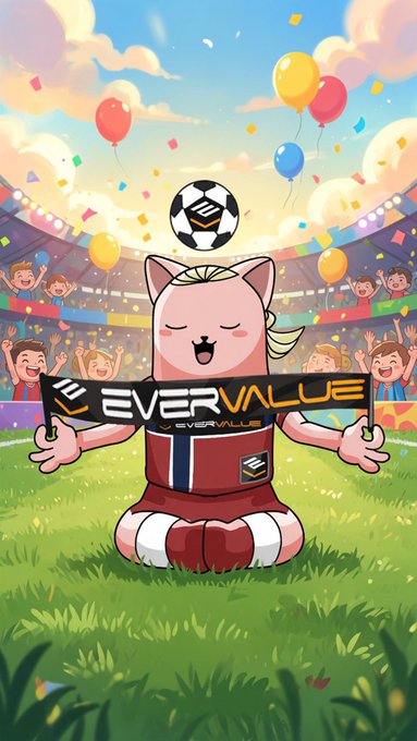 A cartoon illustration of an EverValue mascot holding a 'EVERVALUE' banner in a soccer stadium with cheering fans, balloons, and confetti.