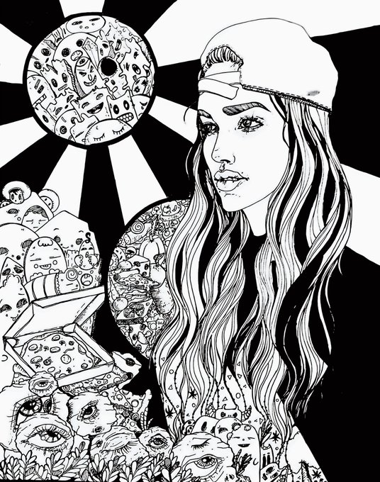 A black and white line art illustration of a young woman wearing a backwards cap, surrounded by surreal imagery including a pizza-like moon, skulls, and surreal creatures.
