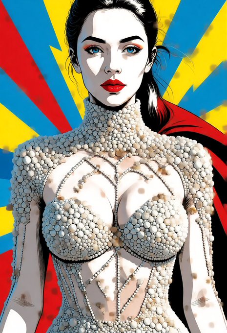 A stylized pop-art illustration features a confident woman in an intricate pearl-embellished bodysuit and red cape, set against a bold red, yellow, and blue radiating background—evoking a superhero aesthetic that perfectly matches the upbeat, playful "GM fam, happy Wednesday" vibe of embracing the day with power and positivity.