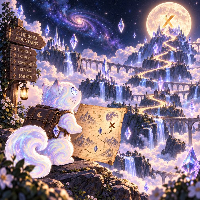 A digital illustration of a white cat with a backpack looking at a map in a magical fantasy landscape featuring castles, waterfalls, and glowing crystals, with a wooden sign reading 'ETHEREUM MOUNTAINS' listing 'LIQUIDITY', 'HOLDERS', 'COMMUNITY', 'FREEDOM', and '$MOON'.