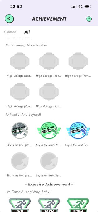 An achievement screen from a fitness app showing various unlocked and locked badges including 'High Voltage', 'Sky is the limit', and exercise milestones (1KM, 10KM, 50KM).