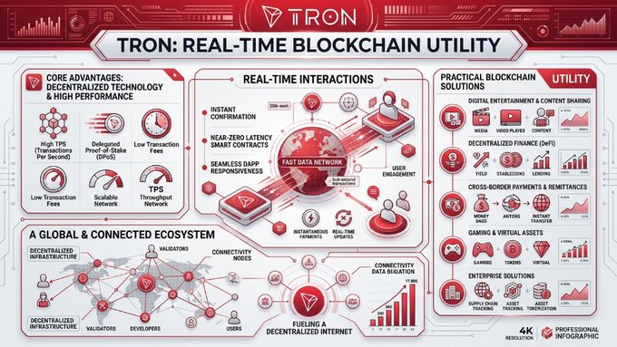 An infographic titled "TRON: Real-Time Blockchain Utility" highlighting TRON's core advantages (high TPS, DPoS, low fees, scalability, throughput), real-time interactions (instant confirmation, smart contracts, DApp responsiveness), practical solutions (digital entertainment, DeFi, cross-border payments, gaming, enterprise), and a global connected ecosystem fueling a decentralized internet. The post emphasizes that real-time blockchain utility—like the 200-millisecond confirmation and sub-second data network shown—demonstrates TRON's practical value and ecosystem strength.
