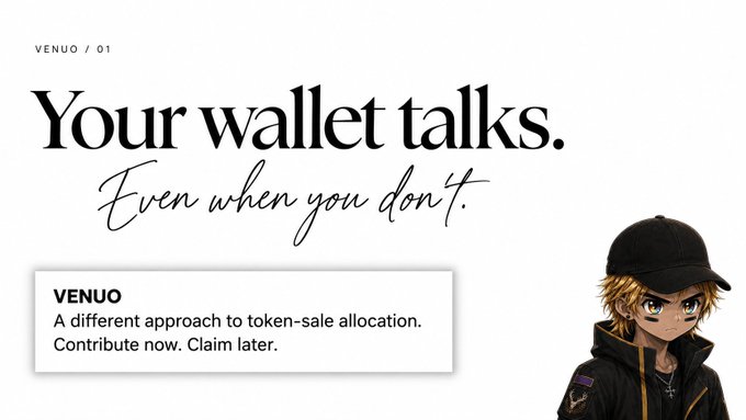 An advertisement for VENUO stating 'Your wallet talks. Even when you don't.' promoting a different approach to token-sale allocation: 'Contribute now. Claim later.'