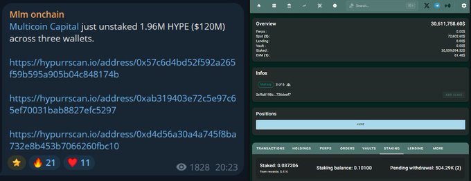 This image shows a Telegram post detailing Multicoin Capital unstaking 1.96M $HYPE, alongside a staking dashboard displaying wallet information and pending withdrawals. The staking dashboard also shows a pending withdrawal of 504.29K for $HYPE.