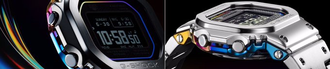 Two views of a metallic digital watch with a rainbow-iridescent finish, displaying '10:58 50' on its screen. The watch is labeled 'G-SHOCK'.