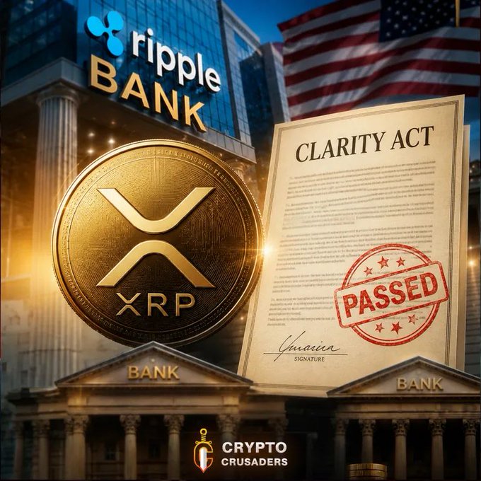 The image features a poster with two coins, one of which is an XRP coin, placed next to a document that appears to be a signed letter or a certificate. The text "RIPPLE WILL BECOME A BANK AS SOON AS CLARITY GETS PASSED HIT THE LIKE IF THIS MAKES YOU EXCITED!!". This suggests that the coins and the document are related in some way, possibly indicating an investment opportunity or a legal agreement involving XRP.