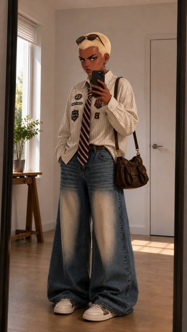 A person with a blonde buzz cut takes a mirror selfie wearing a striped button-up with patches, a striped tie, oversized vintage-style jeans, white sneakers, and a brown shoulder bag, with sunglasses perched on their head. The casual "morning frens of clare" vibe matches the relaxed, daylight-filled indoor setting and their effortless, laid-back outfit.