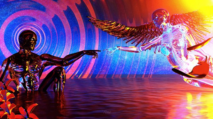 A vibrant digital artwork depicting two metallic humanoid figures in a surreal scene, with one sitting and pointing while a winged figure with outstretched arms appears to be falling or flying toward it, set against a swirling colorful background.
