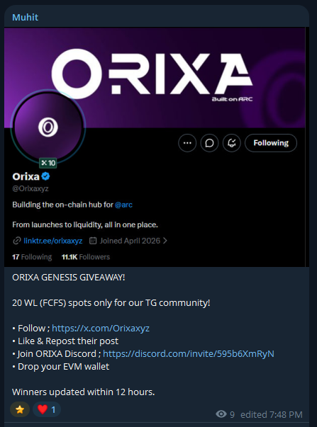 A Twitter post from 'Orixa' (@Orixaxyz) announces an 'ORIXA GENESIS GIVEAWAY!' for 20 WL (FCFS) spots, describing itself as 'Building the on-chain hub for @arc' and providing instructions to follow, like, and join their Discord.
