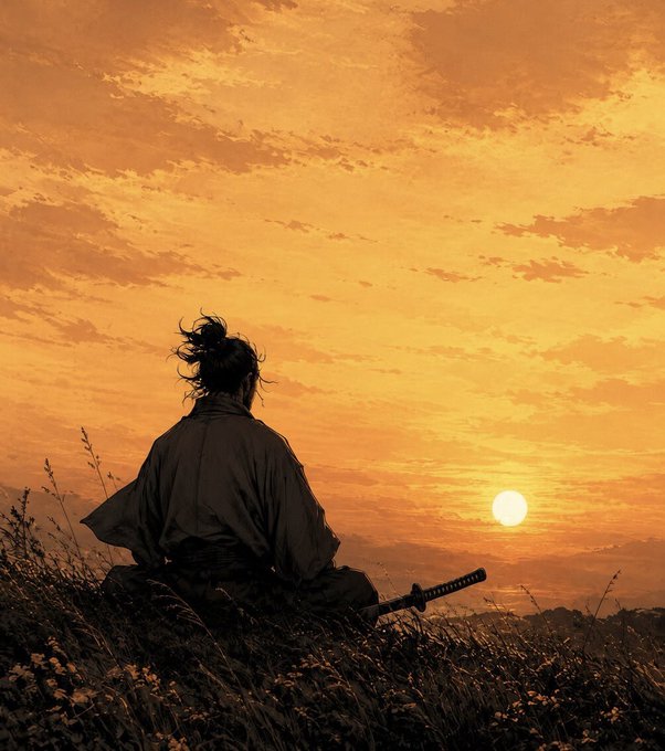 Artistic photo of a samurai in traditional attire seated on a grassy hill at sunset, viewed from behind with a katana resting beside them, the sun visible low on the horizon.