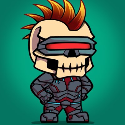 Cartoon illustration of a skeleton character with orange/red spiky hair, wearing a red visor and dark futuristic armor against a green background.
