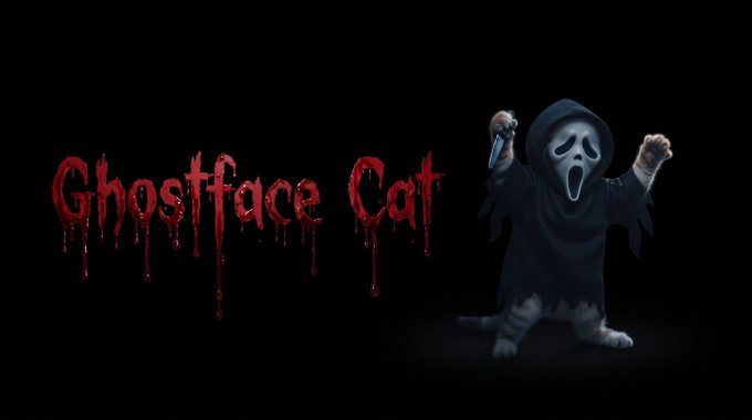 The word “Ghostface Cat” appears in dripping red horror-style lettering beside a cartoon ghost in a black hooded robe on a black background.