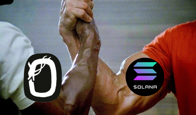 Two muscular arms arm-wrestle with a Jupiter (JUP) token logo on the left and a Solana (SOL) logo on the right.