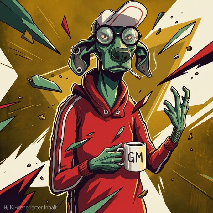 An AI-generated illustration (labeled 'KI-generierter Inhalt') of a green anthropomorphic dog character wearing a red tracksuit, a backward cap, round glasses, and holding a mug labeled 'GM' with a cigarette in its mouth, set against a chaotic geometric background.