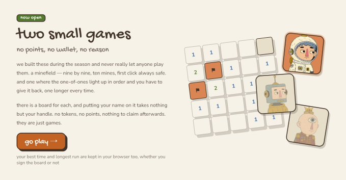 A webpage mockup titled "two small games" with the subtitle "no points, no wallet, no reason," describing minimalist puzzle games called minefield, featuring grid-based game previews with pixel art characters.