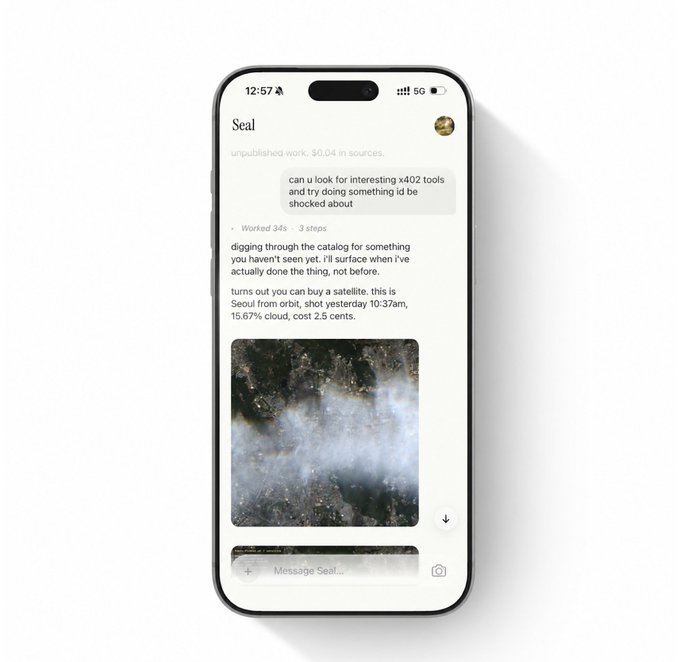 A smartphone displaying a chat interface with a user named 'Seal' discussing x402 tools and an orbital satellite image of clouds.
