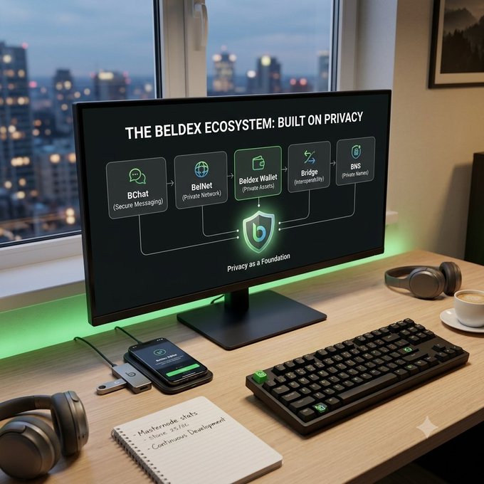 A desk setup displays a monitor showing 'THE BELDEX ECOSYSTEM: BUILT ON PRIVACY' with components including BChat, BelNet, Beldex Wallet, Bridge, and BNS, alongside a keyboard, headphones, phone, coffee, and a notebook with stats.