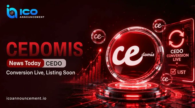 The image is a promotional graphic from ICO Announcement for Cedomis (ticker: CEDO), featuring bold red and black styling with a glowing "ce domis" logo on a futuristic display. It announces "CEDOMIS News Today - CEDO Conversion Live, Listing Soon," visually supporting the article's news about the PCEDO to CEDO token conversion and upcoming listing.