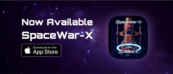 A promotional banner reading 'Now Available SpaceWar-X' with an App Store download button and the SpaceWar-X app icon featuring a spaceship against a starry purple background.