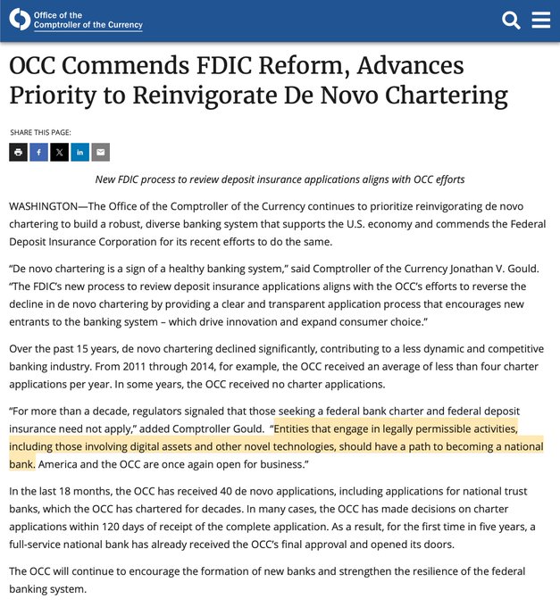 A press release from the Office of the Comptroller of the Currency (OCC) commends FDIC reforms and highlights efforts to revive de novo bank chartering, with Comptroller Jonathan V. Gould noting that entities involved in "digital assets and other novel technologies" should have a path to becoming a national bank. The image supports the accompanying post's claim of a coordinated regulatory opening to crypto, as the OCC's pro-chartering stance—especially toward digital asset firms—aligns with the SEC/CFTC and Fed actions referenced.