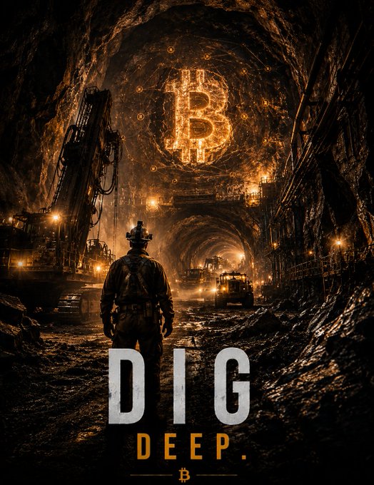 A dramatic poster-style image of a miner standing before a glowing Bitcoin symbol carved into a dark mine tunnel wall, with the text 'DIG DEEP.' and a Bitcoin logo at the bottom.