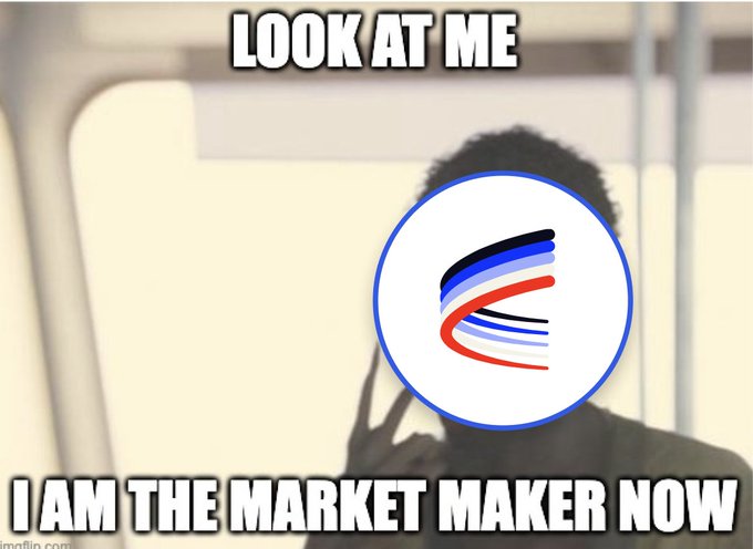 A meme with the text "LOOK AT ME I AM THE MARKET MAKER NOW" featuring a person whose face is covered by the Solana logo.