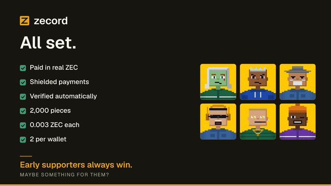 A zecord confirmation screen showing completed payment details with green checkmarks for real ZEC, shielded payments, and 2,000 pieces at 0.003 ZEC each, alongside six pixel art avatars.
