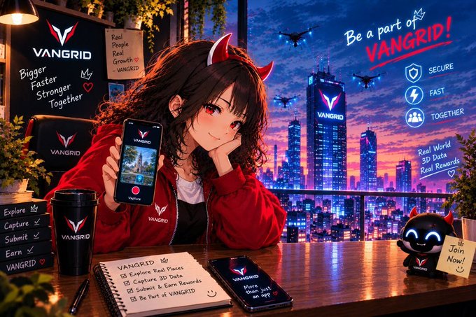 Anime-style promotional image for Vangrid showing a character in a red hoodie holding a phone, with text 'Be a part of VANGGRID!' and 'Bigger Faster Stronger Together' alongside a city skyline and drones.