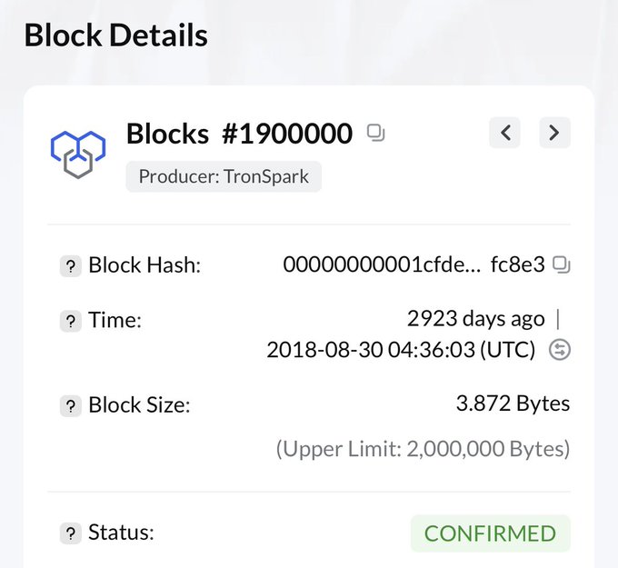 A screenshot of "Block Details" for Block #1900000 produced by TronSpark, showing a block hash, timestamp from 2923 days ago (2018-08-30), block size of 3.872 Bytes, and a "CONFIRMED" status.