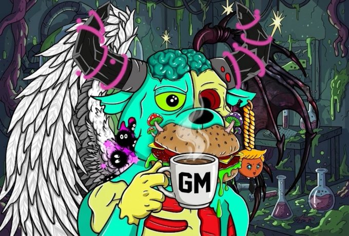 A colorful cartoon illustration of a multi-eyed green character with wings, horns, and an exposed brain, holding a burger and a mug that says 'GM' in a laboratory setting.