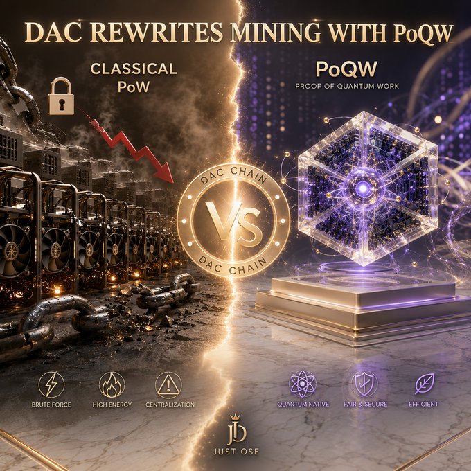 The image features a poster or advertisement for mining with PoQW, which is a type of Proof-of-Work system. The poster displays two different versions of the PoQW system side by side, showcasing their differences. One version uses classical proof-of-work (PoQW) to mine blocks on a chain, while the other version utilizes a quantum approach for mining. This comparison helps potential users understand the advantages and disadvantages of each method in terms of efficiency, security, and scalability.