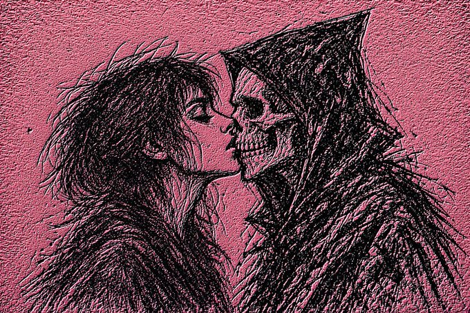 A dark, sketchy illustration in black ink on a pink textured background depicting a figure in a hood kissing a skeletal figure.