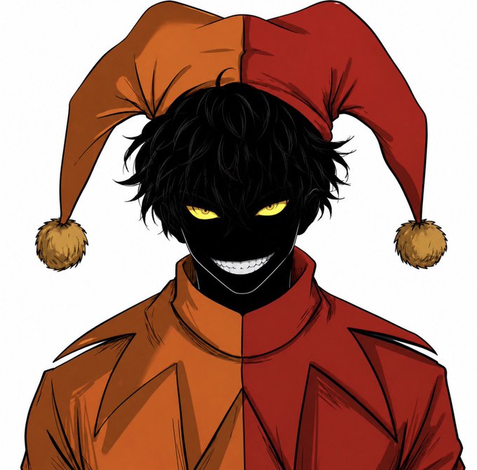An anime-style character with black hair, glowing yellow eyes, and a wide sinister smile wears a red and orange jester hat and outfit.