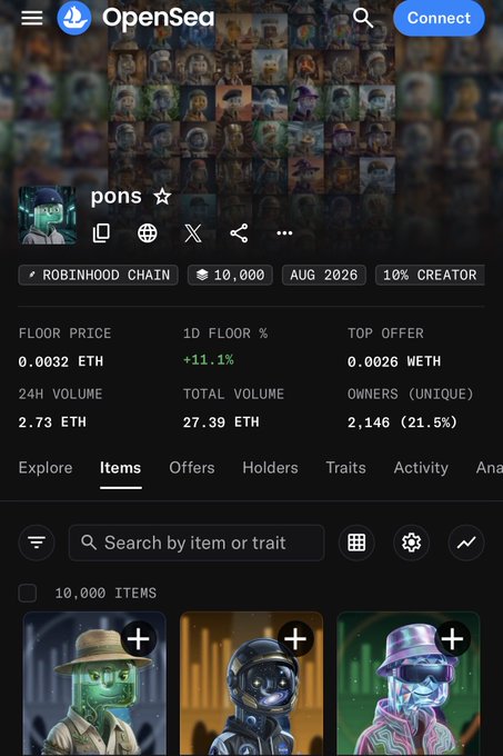OpenSea NFT collection page for 'pons' on Robinhood Chain showing a floor price of 0.0032 ETH and various character avatars.