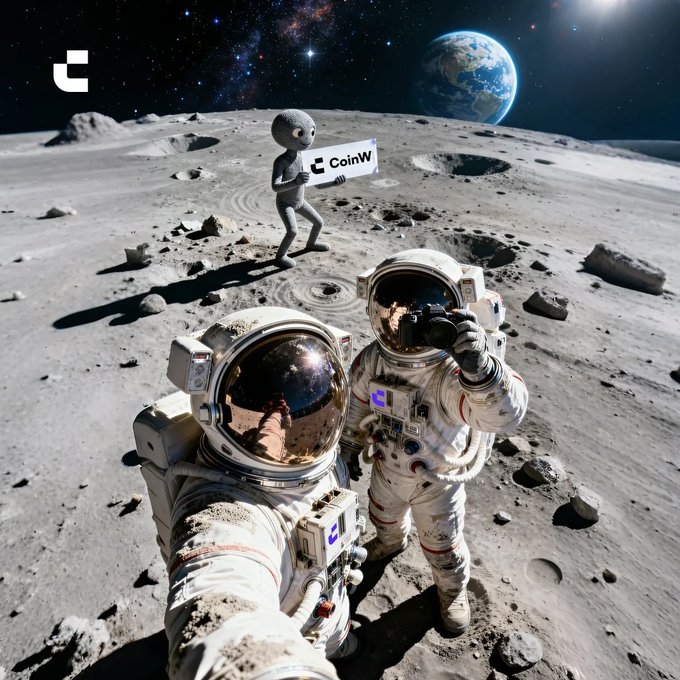 Two astronauts take a selfie on the moon's surface while a small alien creature behind them holds a 'CoinW' flag, with Earth visible against a starry sky.