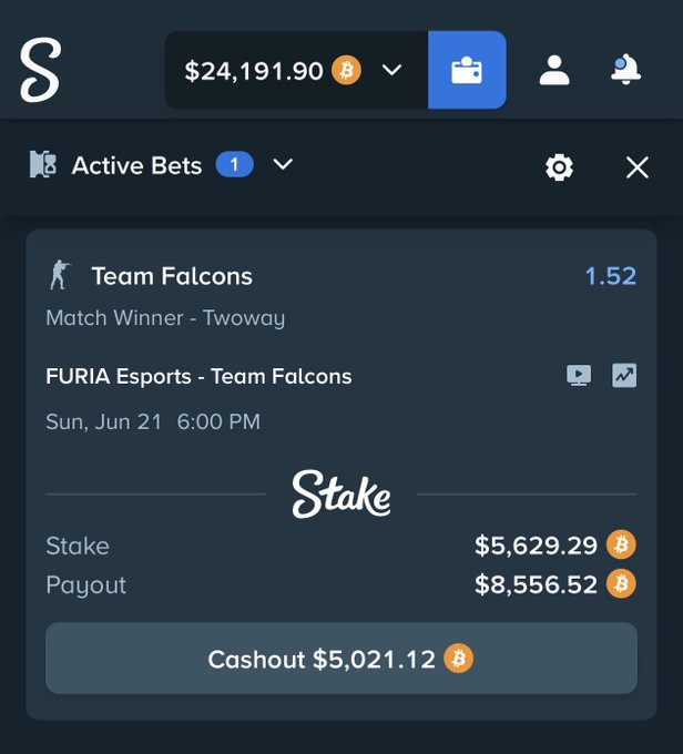 The image shows a screenshot of a betting app called 'Stake'. On this page, there's a summary or description written in white text, which reads "It's time for Falcons to take the victory in the #IEM Cologne Major Final. $250 giveaway - paid in Stake Tips Follow me, RT Drop your Stake username". This post is related to team falcons, as they are being sponsored by furia esports. The image also contains a picture of a person and some text elements such as 'Team Falcons', 'match winner', 'TWOWAY', and a description about the payment method.