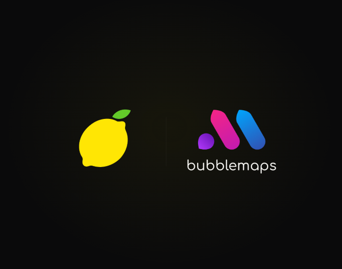 A partnership announcement graphic featuring the yellow Lemon logo alongside the colorful Bubblemaps logo on a black background, promoting the official collaboration and service integration of Bubblemaps' token holder visualization tool into the Lemon terminal.