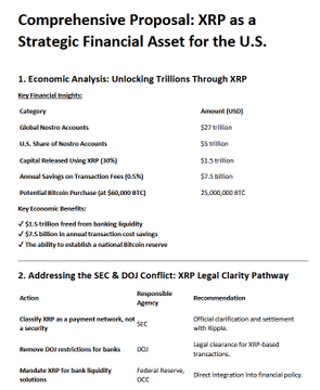 The image is a "Comprehensive Proposal: XRP as a Strategic Financial Asset for the U.S." outlining economic analysis (including $27 trillion in global macro accounts, $1.5 trillion from banking liquidity, and a $1.5 trillion annual savings on transaction fees) and SEC/DOJ conflict resolution steps such as classifying XRP as a payment network. It relates to the post by framing XRP as a strategic national asset, providing financial backing for the rumored institutional discussions and potential $30,000 per XRP buyback proposal.