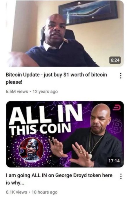 A YouTube channel screenshot showing two videos: "Bitcoin Update - just buy $1 worth of bitcoin please!" (6.5M views, 12 years ago) and "I am going ALL IN on George Droyd token here is why..." (6.1K views, 18 hours ago) featuring the same creator promoting a new token after his early Bitcoin advocacy. The contrast between his humble 2012 Bitcoin recommendation and his current aggressive "ALL IN" pitch for a new token ironically illustrates the opposite of "uniting into one coin"—instead showing how crypto creators shift allegiances to whatever new project they're promoting.
