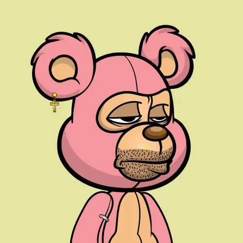 A cartoon-style illustration of a pink bear-like figure with droopy ears, a cross earring, and a tired expression on a green background.